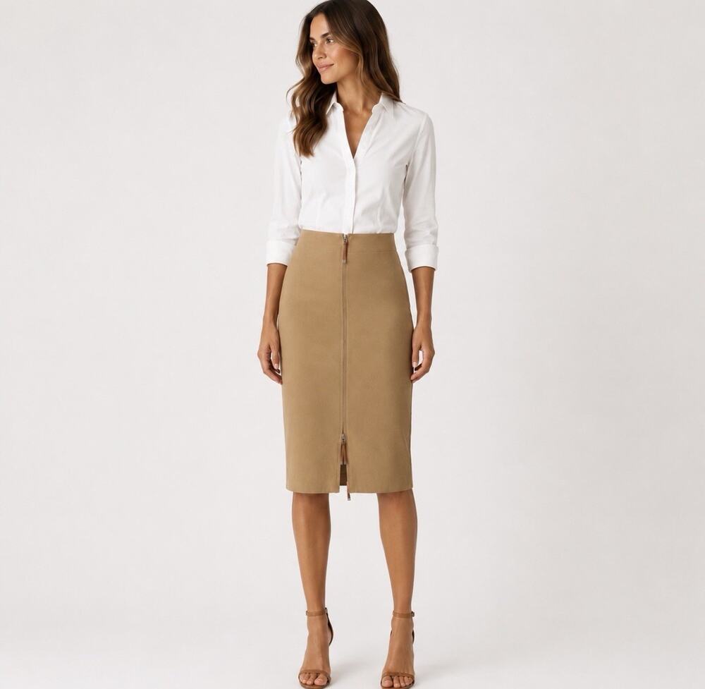 Lauren Ralph Lauren Women Tan Midi Pencil Skirt Size 4 Stretch Double Zip Career